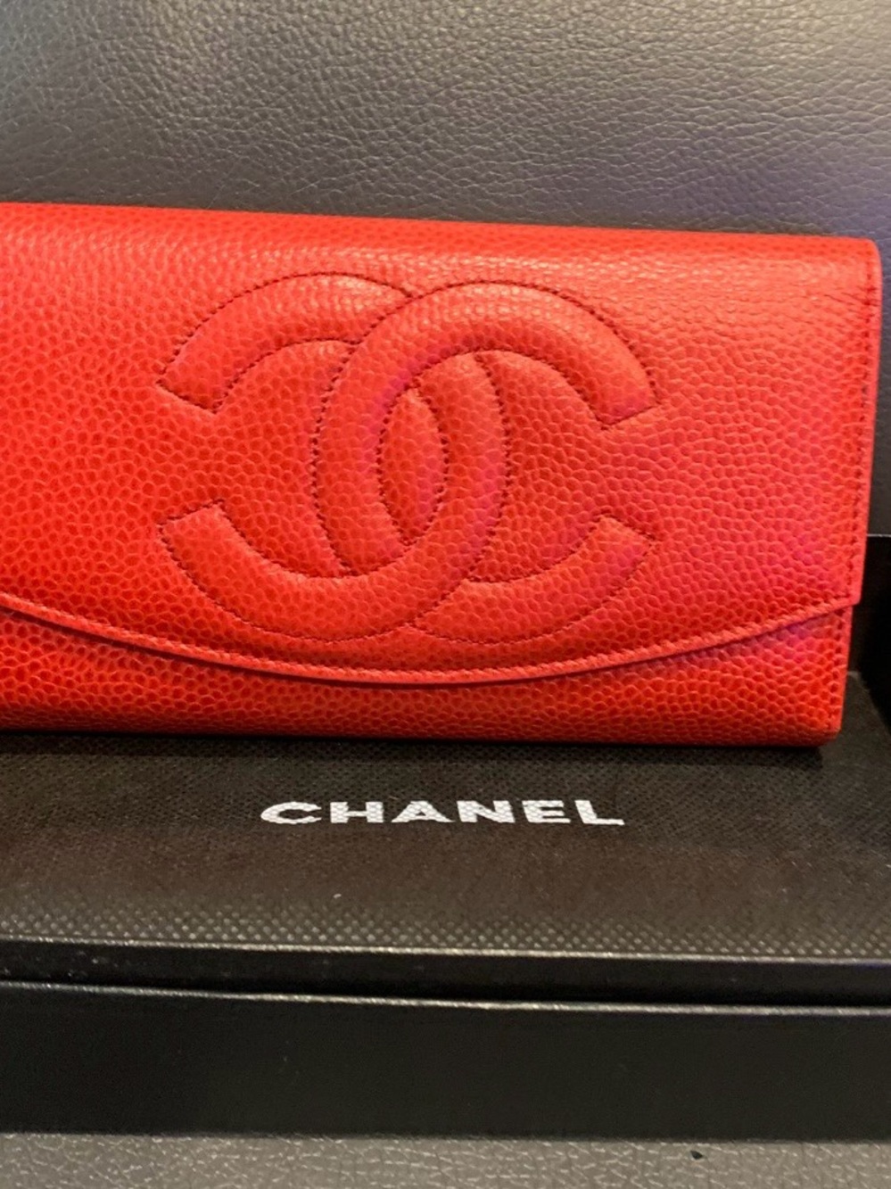 CHANEL Red Quilted CC Flap Wallet in Caviar Leather